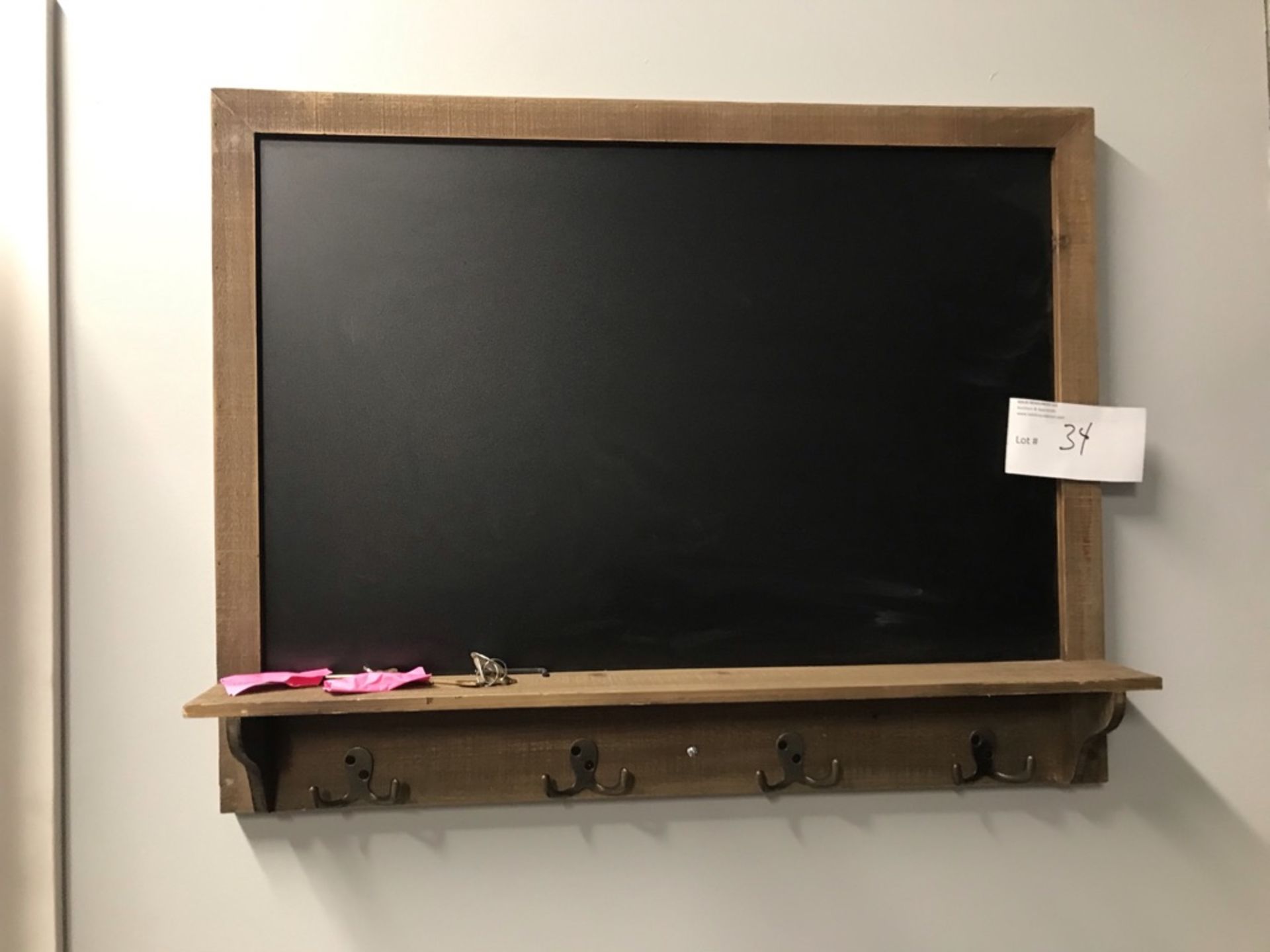 WALLMOUNTED CHALKBOARD WITH HOOKS AND SMALL SHELF