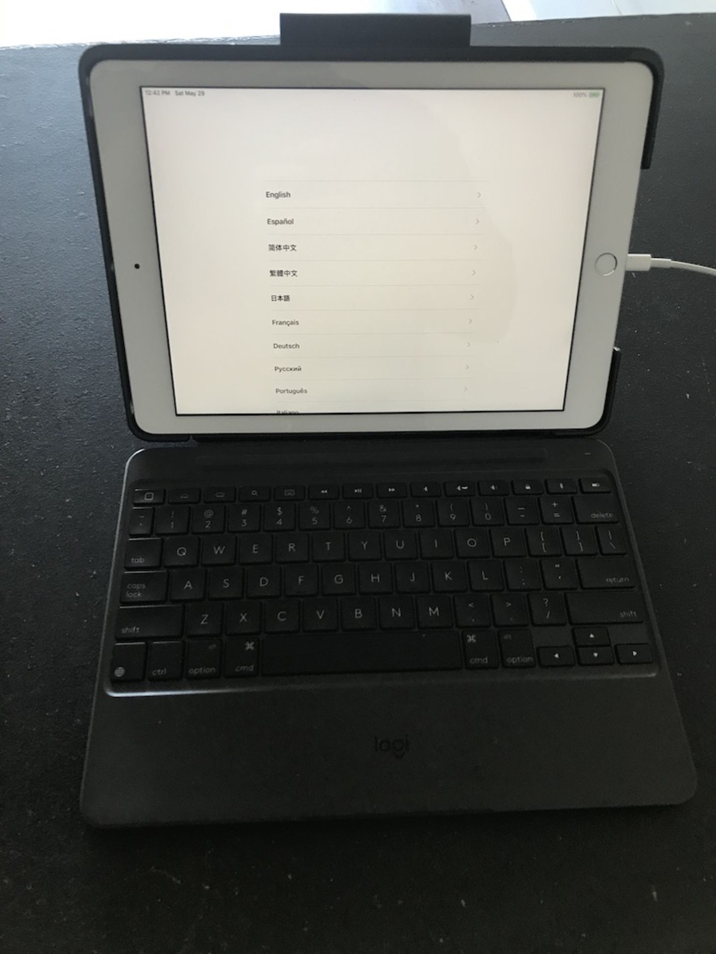 IPAD 6TH GENERATION, MODEL A1893, SERIAL GG7XJGN0JF8K, WITH LOGI KEYBOARD, AND USB CORD