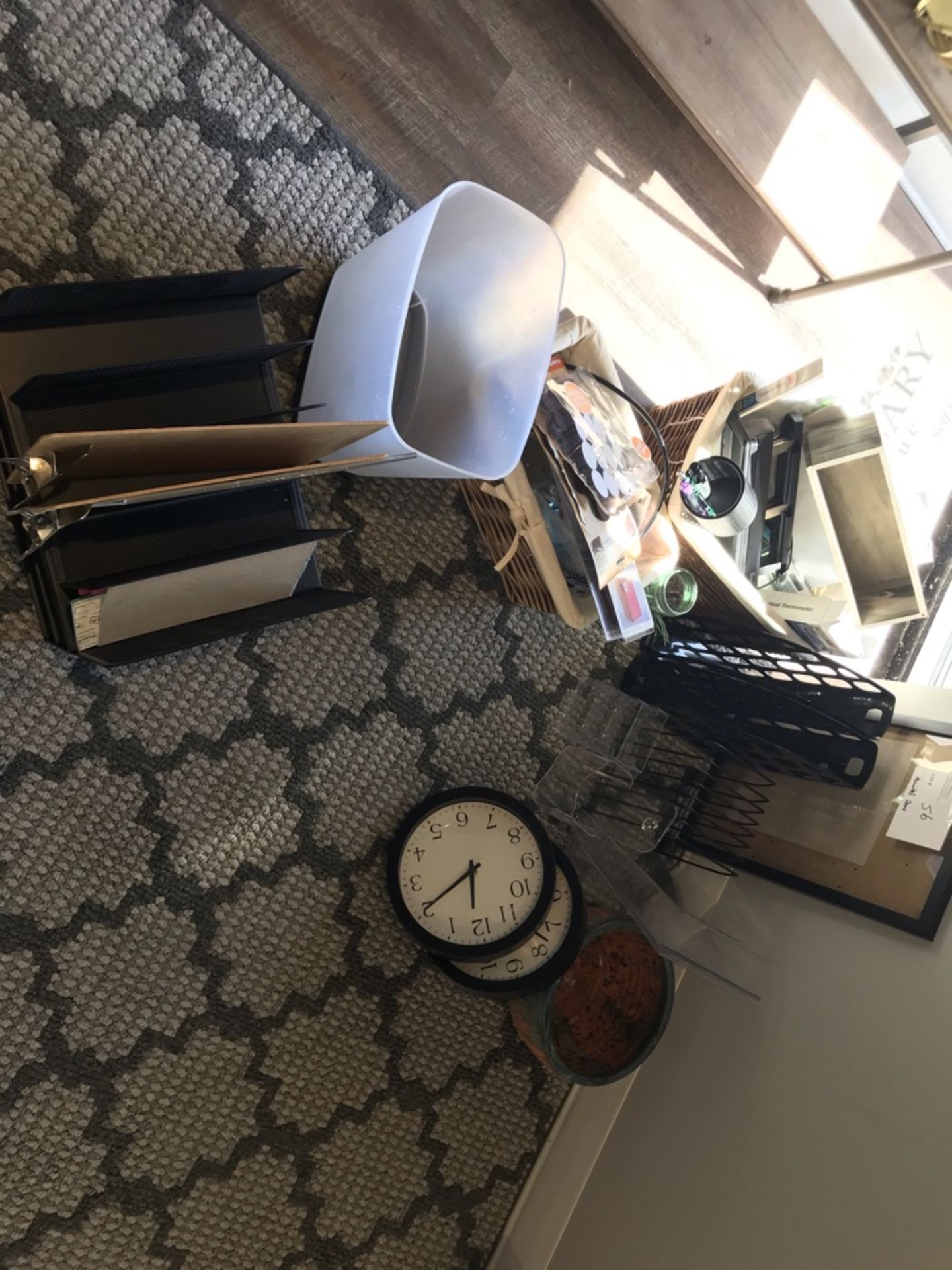 LOT OF: ASSORTED OFFICE SUPPLIES, WALL CLOCKS, FRAME, BOWL, WICKER BASKETS, ETC