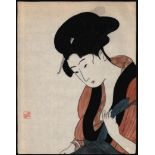 JAPANESE WOODBLOCK PRINT OF A BEAUTIFUL YOUNG WOMAN SIGNED WITH RED SEAL