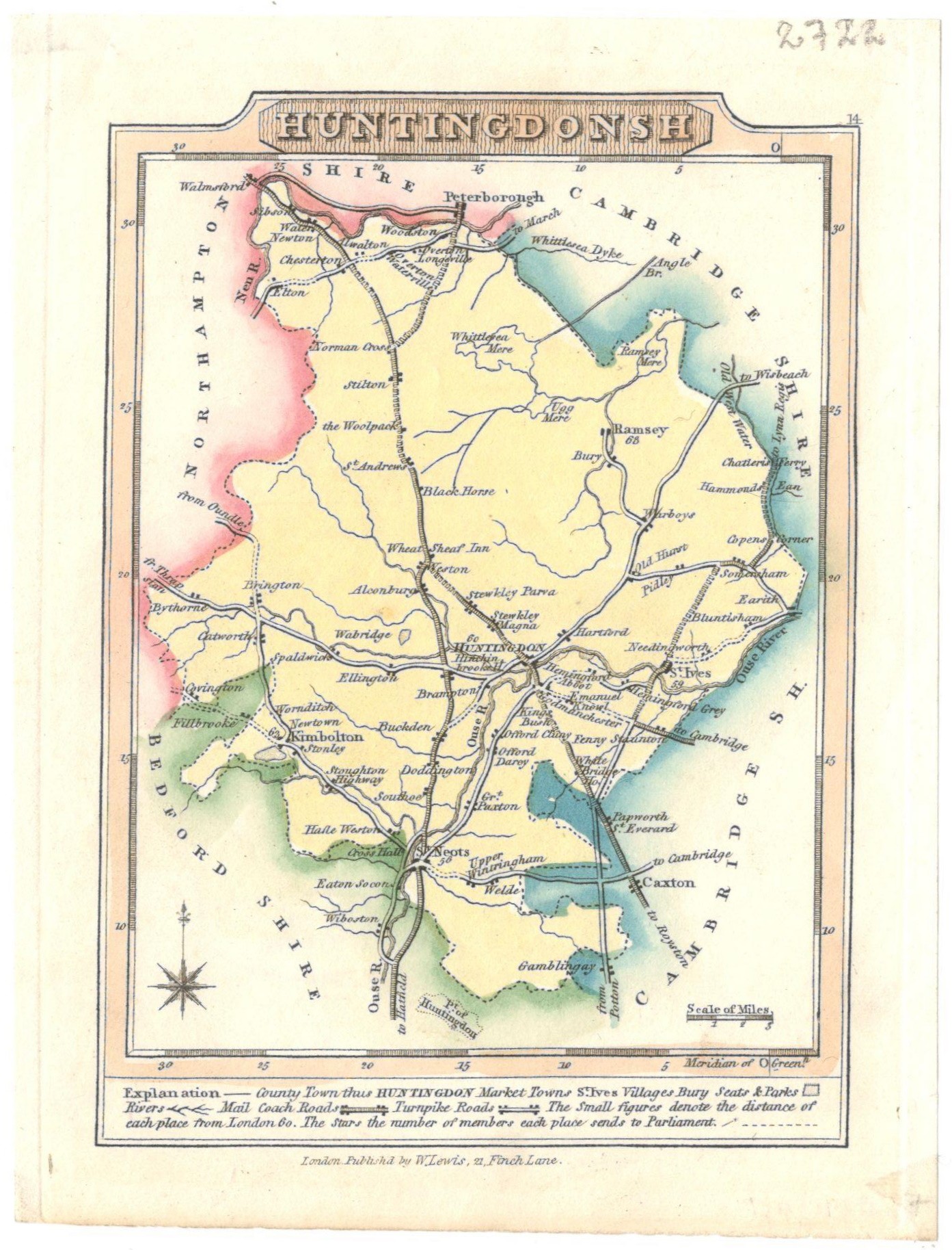 TWO BRITISH COUNTY MAP COLOURED PRINTS OF HUNTINGDONSHIRE - Image 2 of 2