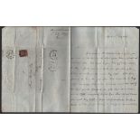 1844 IMPERFORATE ONE PENNY RED STAMP ON ENTIRE LETTER