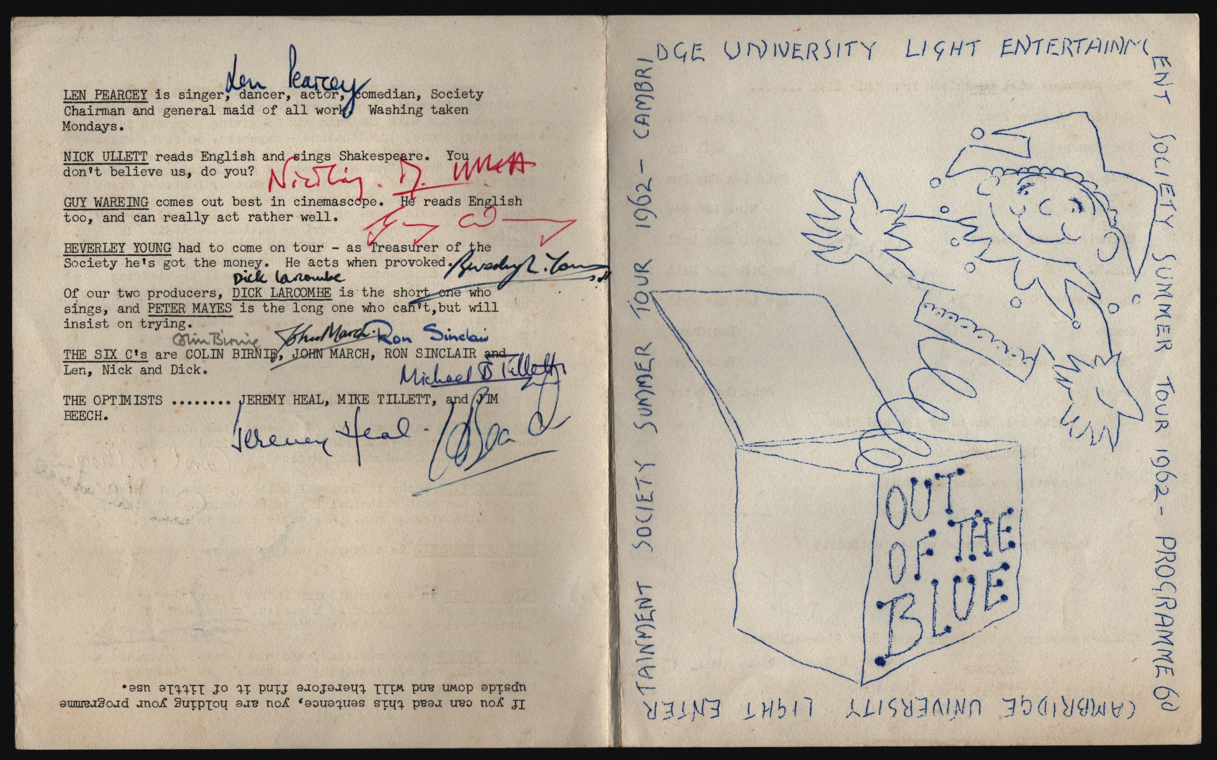 CAMBRIDGE UNIVERSITY LIGHT ENTERTAINMENT SOCIETY SUMMER TOUR 1962 PROGRAMME