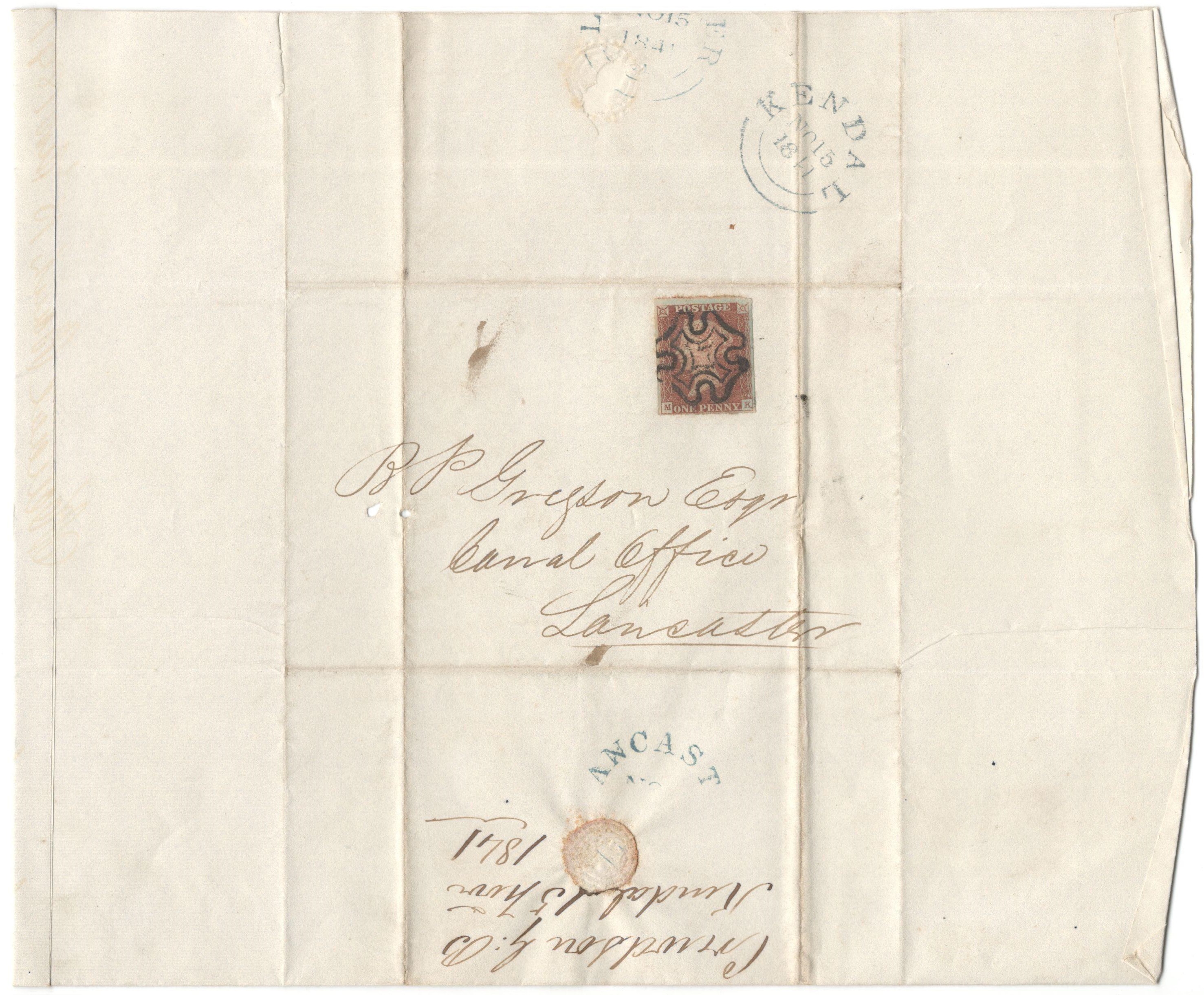 1841 IMPERFORATE PENNY RED STAMP ON ENTIRE LANCASTER / KENDAL WITH MALTESE CROSS (MK) - Image 2 of 3