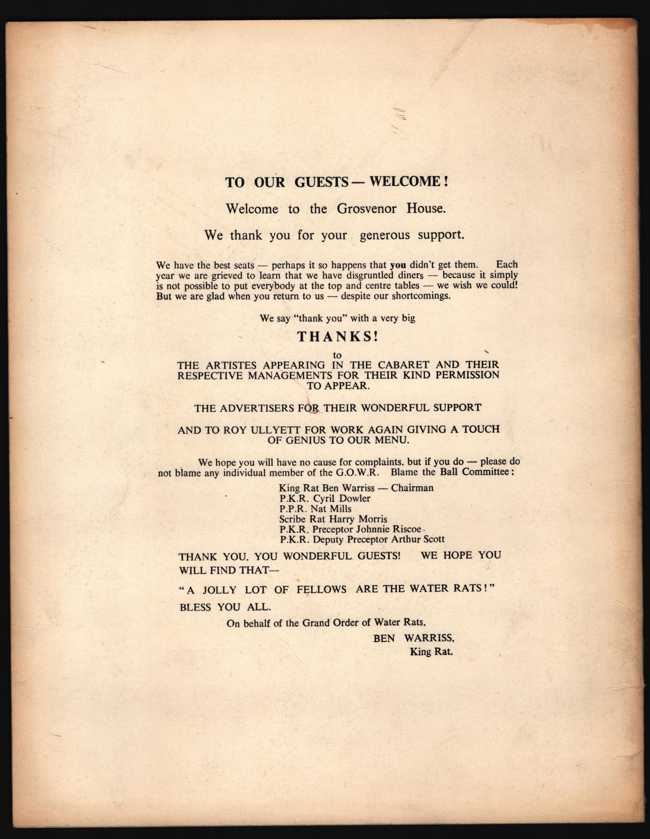 GRAND ORDER OF WATER RATS ANNUAL BALL 1962 PROGRAMME KING RAT BEN WARRISS GROSVENOR HOUSE LONDON - Image 2 of 2
