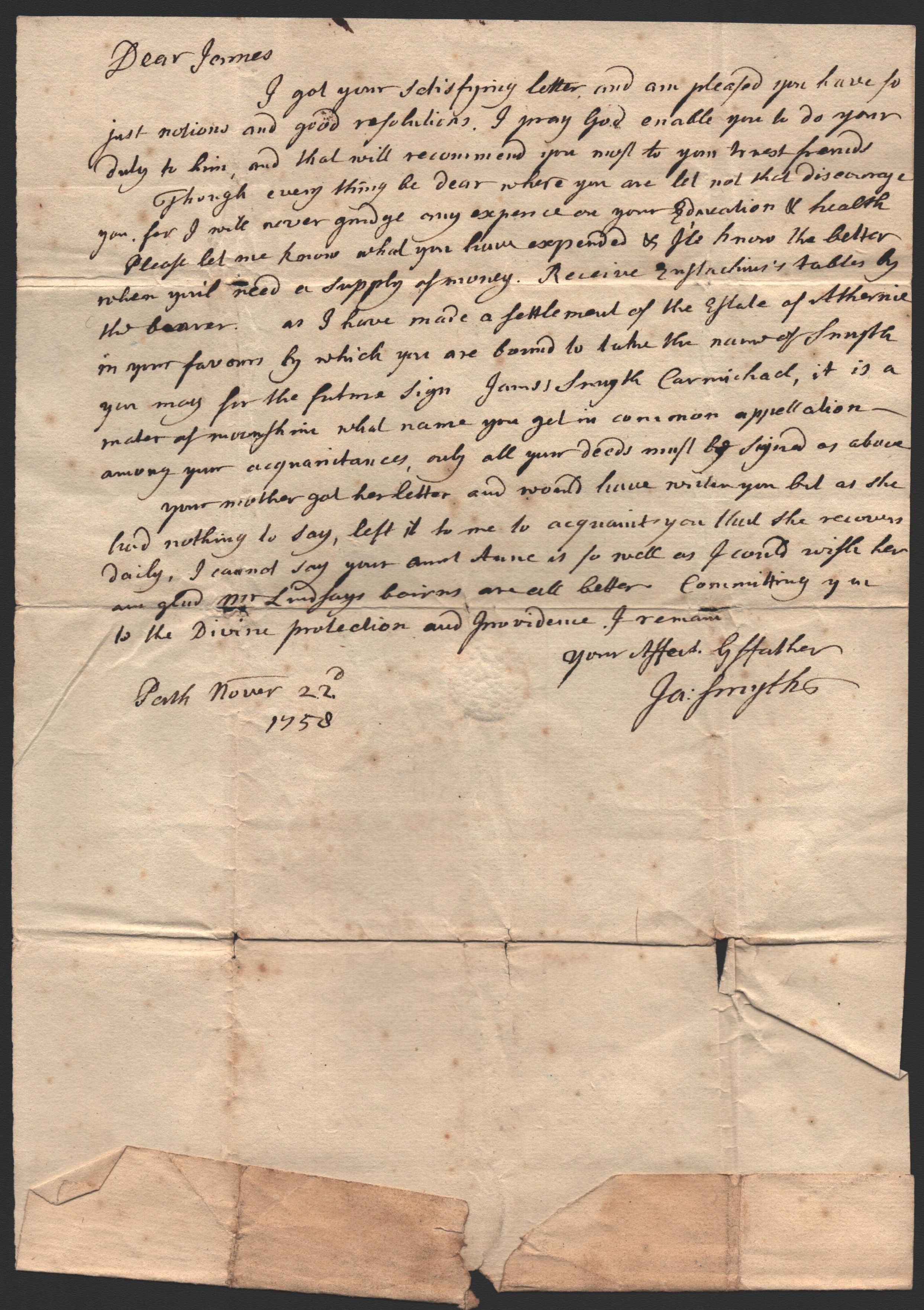 1758 PRE-STAMP ENTIRE LETTER TO EDINBURGH