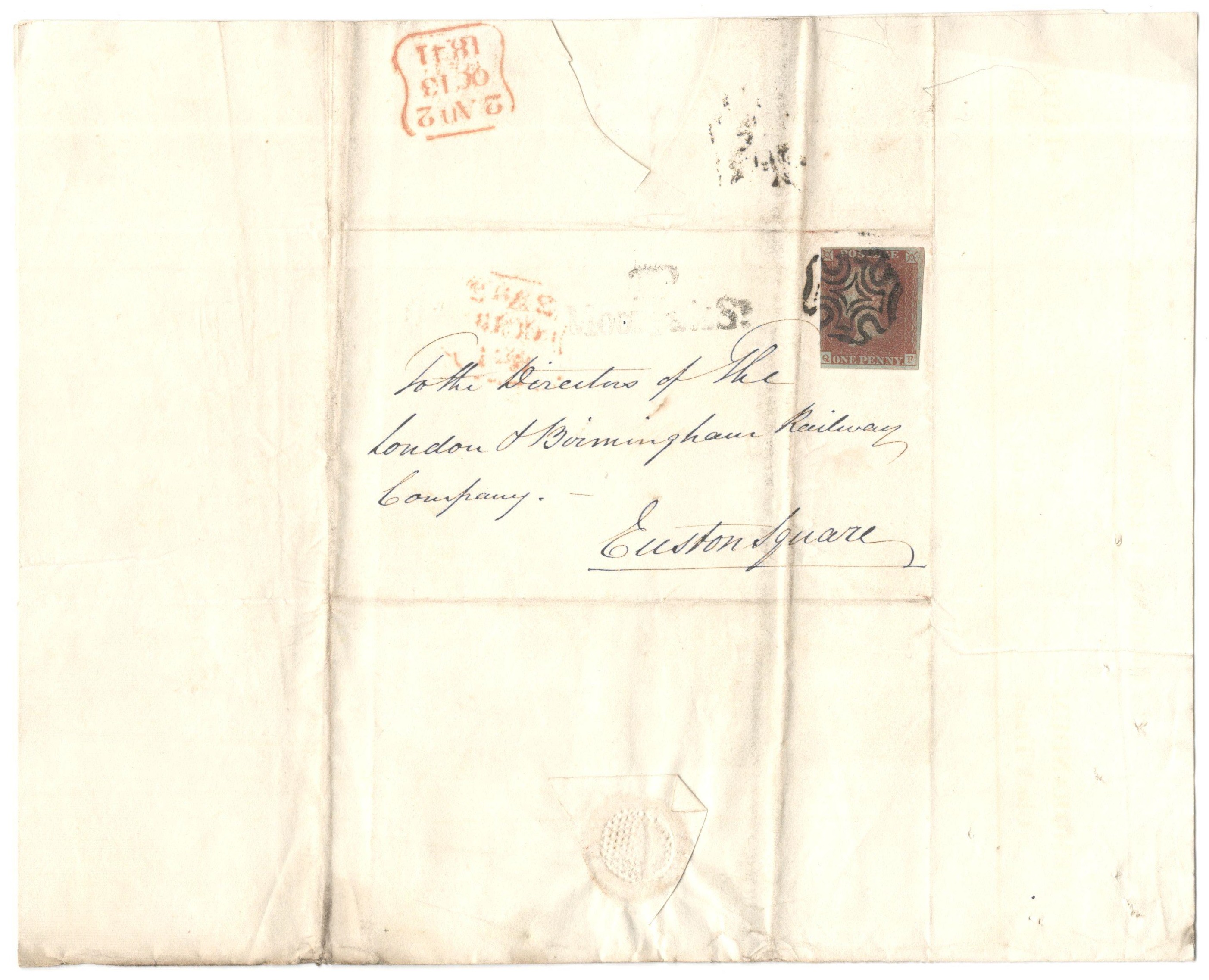 1841 IMPERFORATE PENNY RED STAMP ON ENTIRE LONDON BIRMINGHAM RAILWAY COMPANY WITH MALTESE CROSS (QF) - Image 2 of 3