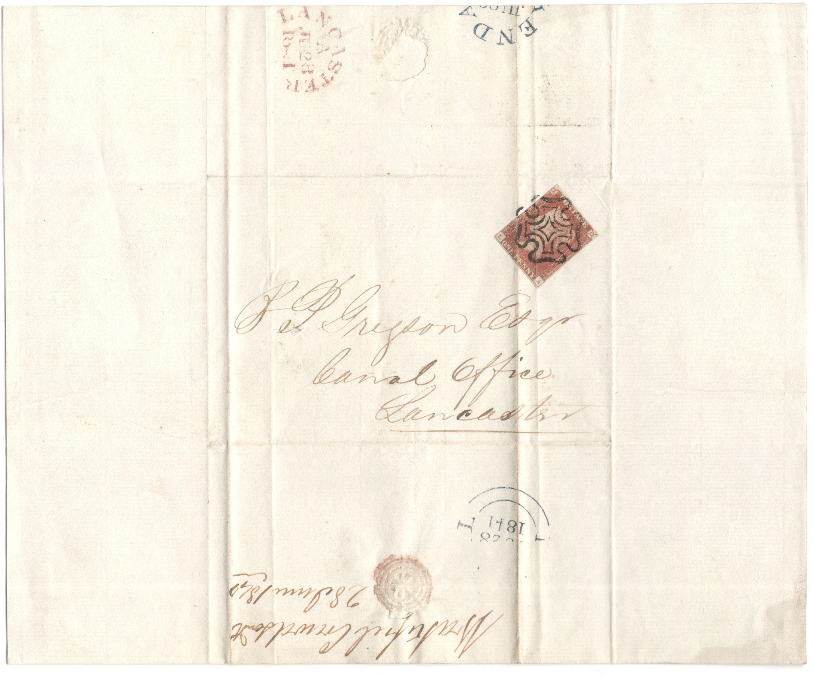 1841 IMPERFORATE PENNY RED STAMP ON ENTIRE LANCASTER / KENDAL WITH MALTESE CROSS (LA) - Image 2 of 3