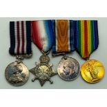 WWI GROUP OF FOUR MEDALS INCLUDING MILITARY MEDAL AWARDED TO 18422 CPL.H.UPWARD. R.A.