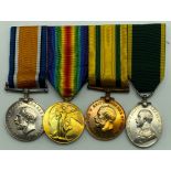 WWI GROUP OF FOUR MEDALS INCLUDING TERRITORIAL MEDALS AWARDED TO M.H. BELL. R.E.