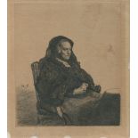 AFTER REMBRANDT THE ARTIST'S MOTHER SEATED AT A TABLE LOOKING RIGHT: THREE-QUARTER LENGTH CA. 1631