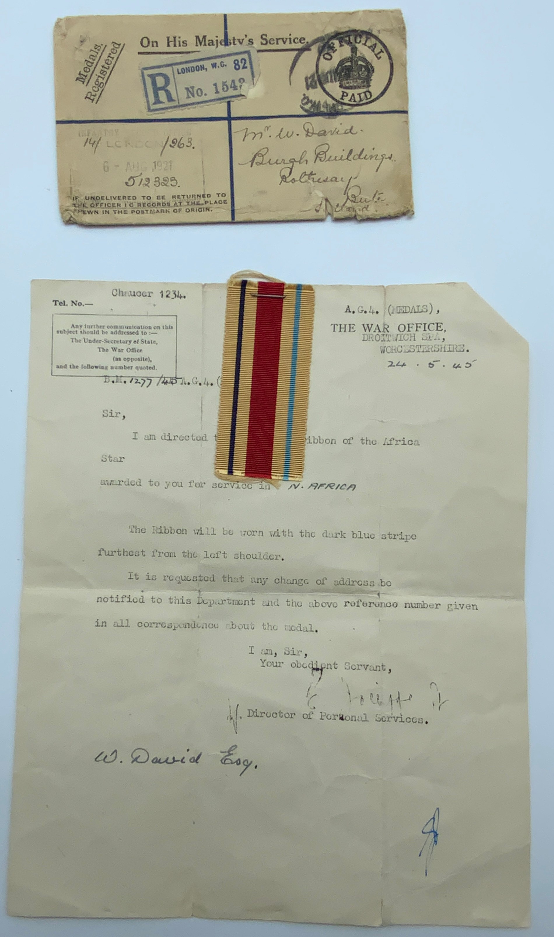 WWI & WWII GROUP OF FIVE MEDALS (SOME EPHEMERA) AWARDED TO 512323 PTE.W.DAVID. 14 – LOND.R. - Image 2 of 2