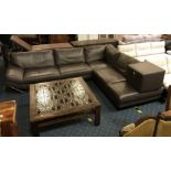 NATUZZI BROWN LEATHER CORNER SUITE & POUFFE