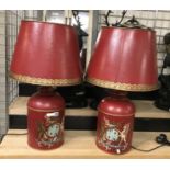 PAIR RED COAT OF ARMS TOLEWARE LAMPS & SHADES