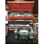 RED TOOL BOX & CONTENTS & BENCH GRINDER