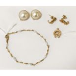 9CT GOLD SEED PEARL BRACELET & 9CT GOLD CABOUCHON EARRINGS ETC