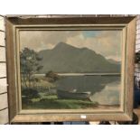 SEAN O'CONNOR MOORED BOATS ON CASTLE LOUGH - KILLARNEY - OIL ON BOARD