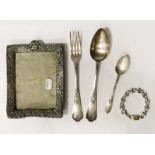 SILVER FRAME, SILVER BRACELET & THREE SPOONS