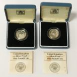 TWO ROYAL MINT BOXED WITH COA £1 SILVER PROOF COINS