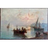 A Nonetti. Italian. Late 19th Century oil on canvas laid to board. “Italian Fishermen off the Coast”