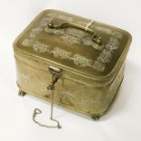 EARLY VICTORIAN TOLEWARE STORAGE BOX OR SPICE BOX WITH KEY AND FITTED INTERIOR OF FOUR LIDDED POTS
