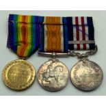 WWI GROUP OF THREE MEDAL INCLUDING MILITARY MEDAL WITH BAR
