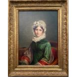 JACQUES JOSEPH GENIE VIDAL 1795- 1850 OIL ON PANEL - PORTRAIT LADY IN GREEN DRESS , SIGNED - 24CM