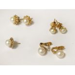 3 PAIRS OF GOLD & PEARL EARRINGS WITH A SINGLE EARRING