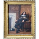 WILLIAM HENRY HAINES 1812-1884 OIL ON BOARD - CROMWELLIAN FIGURE HIS DOG - SIGNED & DATED 18CM X