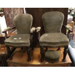 PAIR OF VICTORIAN CHAIRS & STOOL