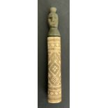 CARVED WOOD AND BONE BOTTLE