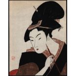 JAPANESE WOODBLOCK PRINT OF A BEAUTIFUL YOUNG WOMAN SIGNED WITH RED SEAL