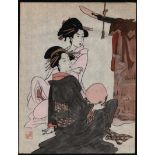 JAPANESE WOODBLOCK PRINT OF A TWO BEAUTIFUL YOUNG WOMEN SIGNED WITH RED SEAL