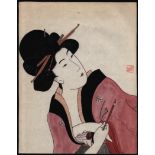 JAPANESE WOODBLOCK PRINT OF A BEAUTIFUL YOUNG WOMAN SIGNED WITH RED SEAL