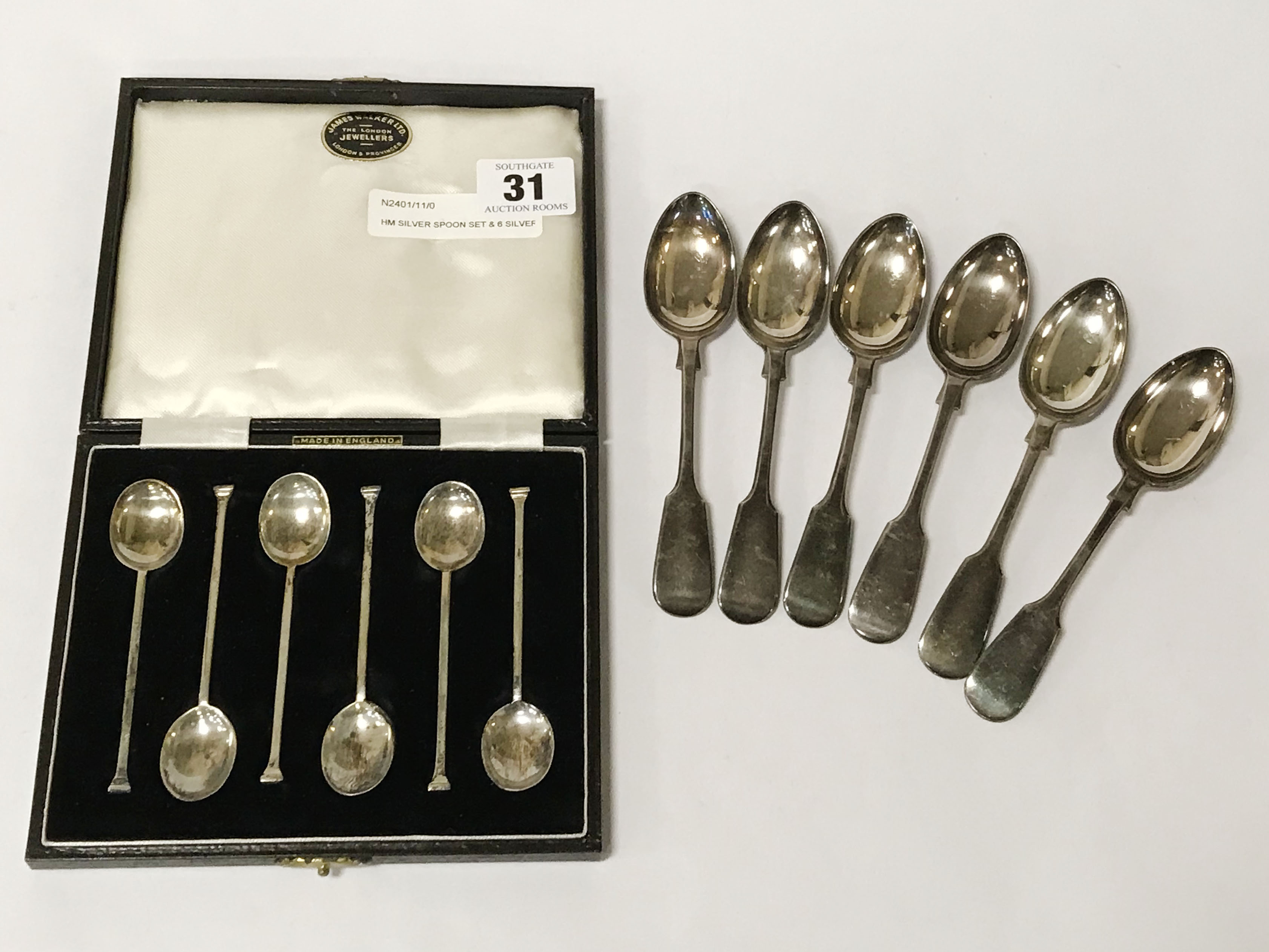 HM SILVER SPOON SET & 6 SILVER PLATE TEASPOONS