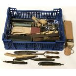 COLLECTION OF COLLECTABLE BARBERS EQUIPMENT INCL. CUT THROAT RAZORS