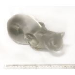 LALIQUE CROUCHING CAT - DAMAGED EAR - HEIGHT 22CM, WIDTH 11.5CM & DEPTH 11.5CM