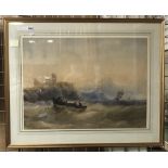 EDWARD TUCKER 1846-1909 WATERCOLOUR - SHIPPING OFF THE COAST - SIGNED- APPROX 92CM X 64CM - GOOD CO