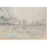 JOHANN WILLHELM SCHRIMER 1807-1863 PEN & INK DRAWING - LANDSACPE WITH COWS SIGNED 20CM X 34CM - GOOD