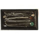 8 SILVER PENDANTS & CHAINS - SOME AMBER & GEMSTONE