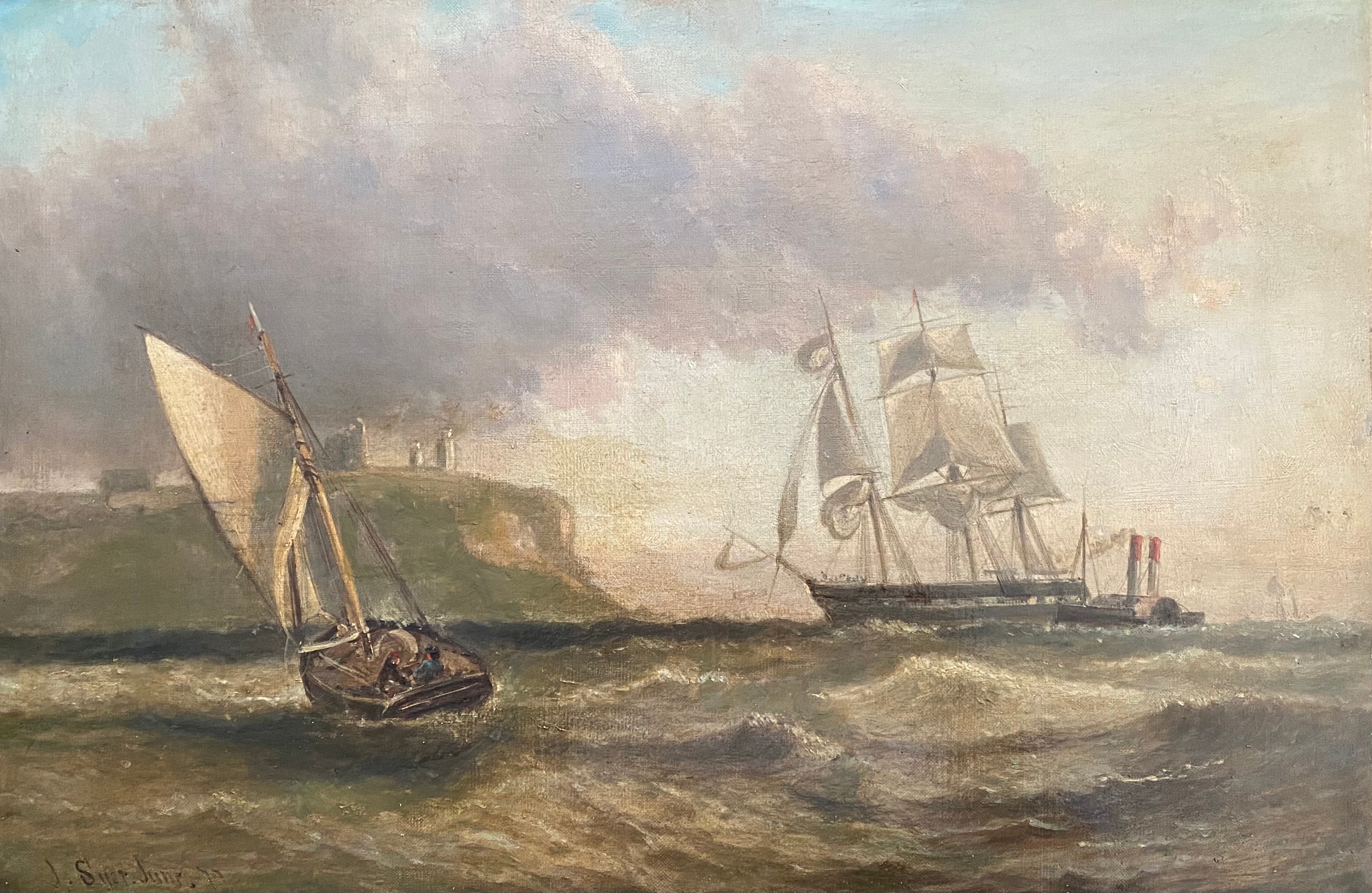 JOHN SYER JR 1846-1913 OIL ON CANVAS LAID TO BOARD ''SHIPPING OFF THE COAST, SIGNED - 41CM X 61CM -