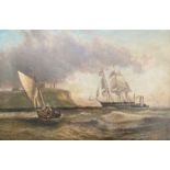 JOHN SYER JR 1846-1913 OIL ON CANVAS LAID TO BOARD ''SHIPPING OFF THE COAST, SIGNED - 41CM X 61CM -