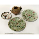 TWO MID-19TH CENTURY CANTON DISHES AND AN UNUSUAL ANTIQUE CHINESE YIXING TEAPOT WITH FRUIT AND NUT