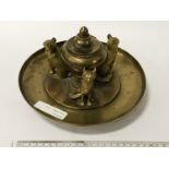 EARLY BRASS INKSTAND - 3 CAT FIGURES