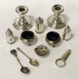 PAIR HM SILVER DWARF CANDLESTICKS WITH ASSORTMENT OF OTHER SILVER ITEMS