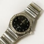 LADIES OMEGA WRISTWATCH WITH DIAMOND BEZEL - CONSTELLATION MODEL - NEEDS BATTERY, SOLD AS SEEN