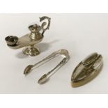 PERSIAN SILVER OIL LAMP & TWO OTHER SILVER ITEMS