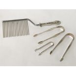 GEORGIAN HM SILVER TONGS X 2 WITH A PAIR OF SILVER CLAWED TONGS ALONG WITH SILVER HANDLED COMB
