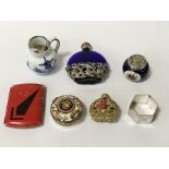 QTY OF SMALL ITEMS INCL. PERFUME BOTTLES, & CHINA ITEMS WITH SILVER TOPS