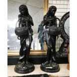 TWO BRONZE NUDE FIGURES HOLDING BASKETS OF FLOWERS - EACH 86CMS